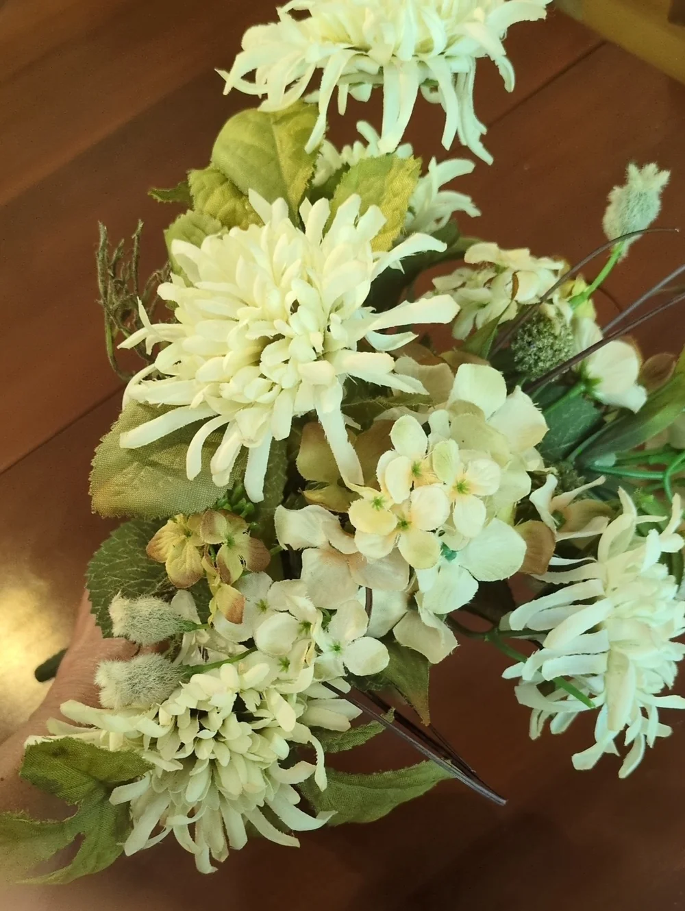 Faux Silk Hydrangeas & Chrysanthemum Bunch Salmon Pink Cream Green Antique Look